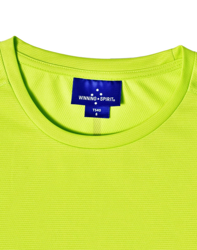 A bright lime green short-sleeve performance t-shirt with a textured fabric and a logo on the neckline.