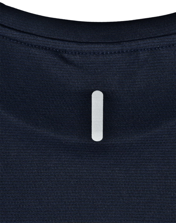 A navy blue lightweight performance T-shirt with a branding logo on the back neck area.