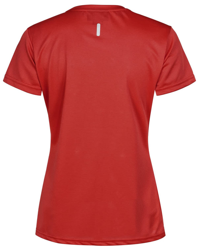 A red ladies' ultra lightweight performance short-sleeve tee with a logo on the back.