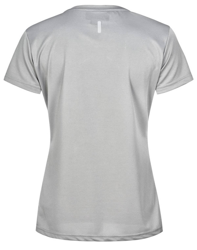 A light grey ladies' short-sleeve performance T-shirt featuring a subtle design and a logo.