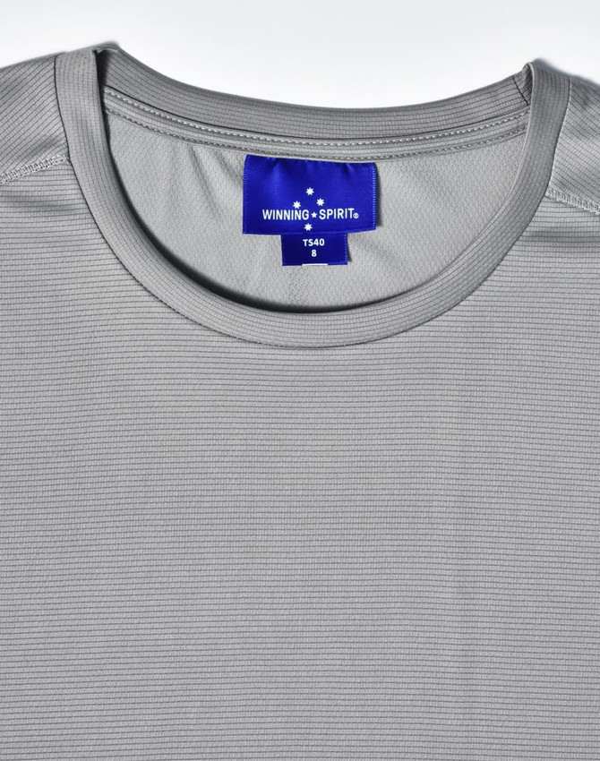 A grey short sleeve performance t-shirt featuring a round neckline and a label at the neck with branding.