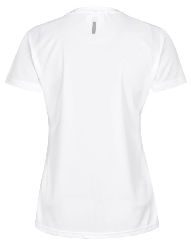 A white short-sleeve performance T-shirt with a sleek design and a logo on the back.