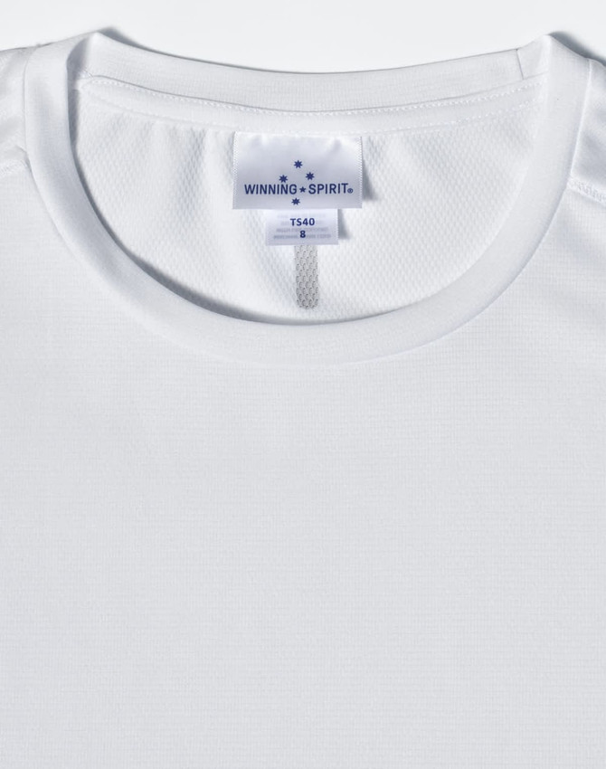 A white ladies' ultra lightweight performance short sleeve tee with a round neck and a logo label.