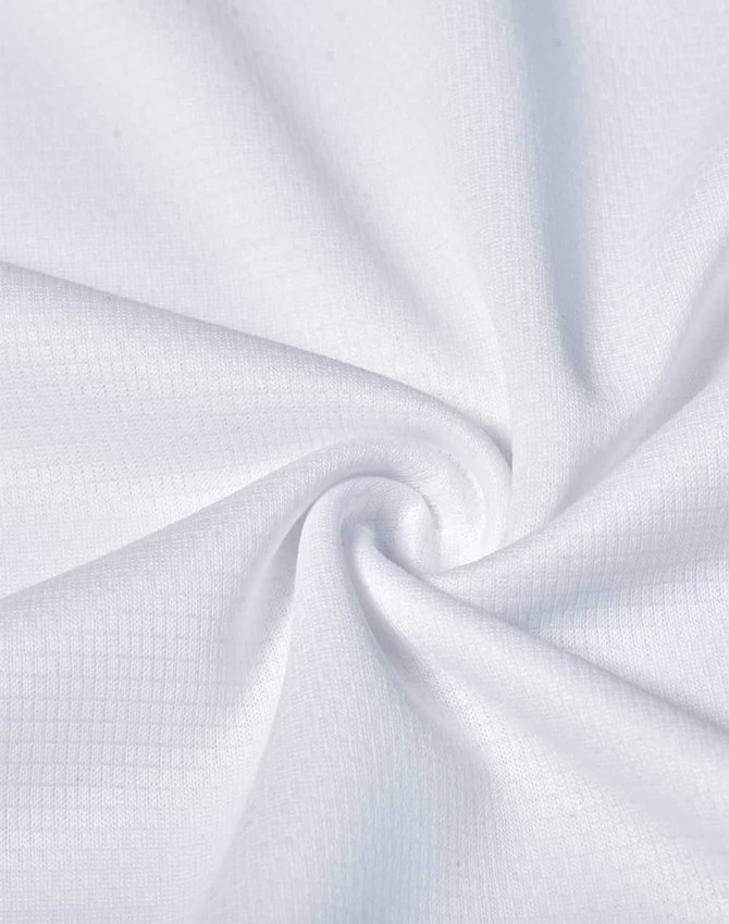 A white, lightweight fabric in a twisted pattern, showcasing its soft texture and breathable quality.
