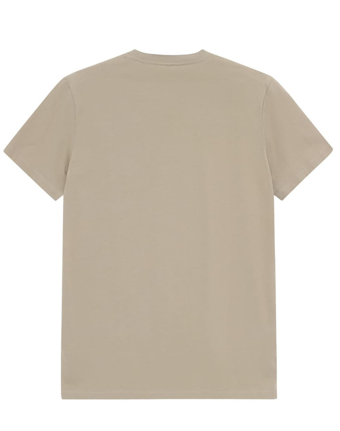 A beige men's premium cotton tee featuring a simple design and short sleeves, with a branding logo.
