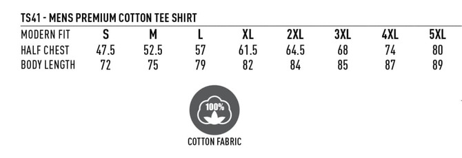 Men's Premium Cotton Tee in various sizes, featuring a modern fit and 100% cotton fabric. Includes measurement details.