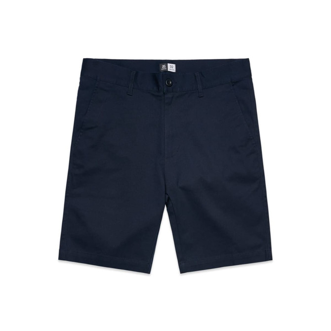 Navy blue dress shorts with a button and zipper closure, featuring front pockets and a logo on the waistband.