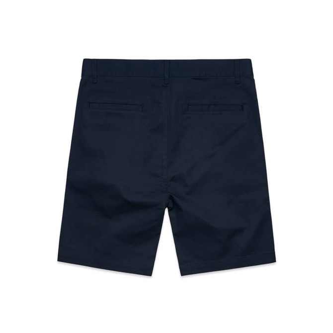 A pair of navy blue dress shorts featuring back pockets and a clean design. The shorts have a branded logo.