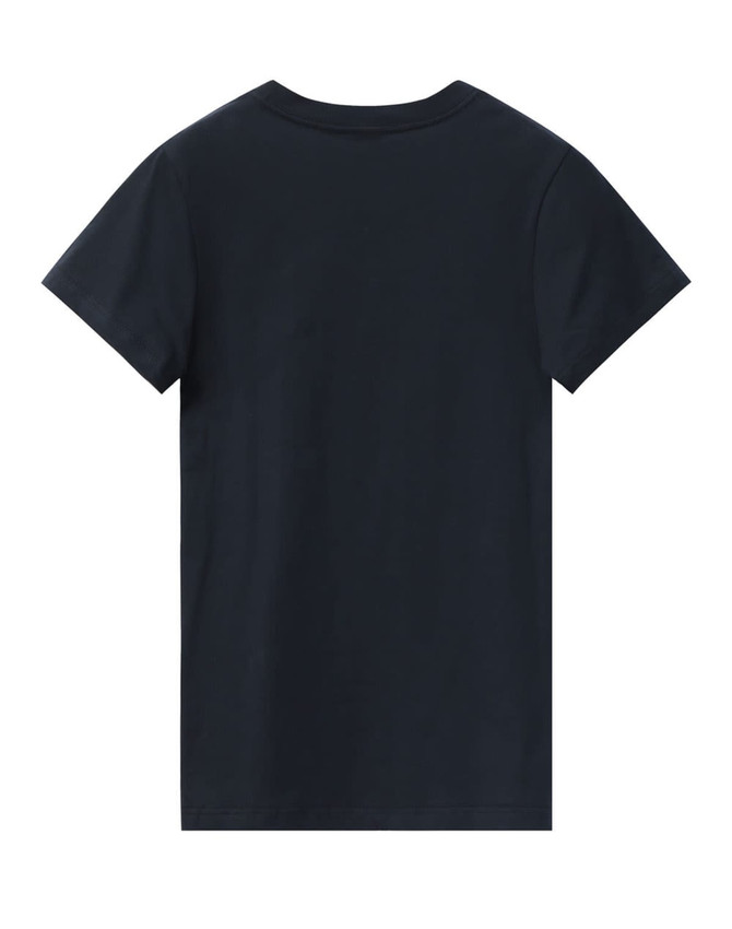 A ladies' premium cotton tee in navy blue, featuring short sleeves and a rounded neckline. It has a logo on the back.