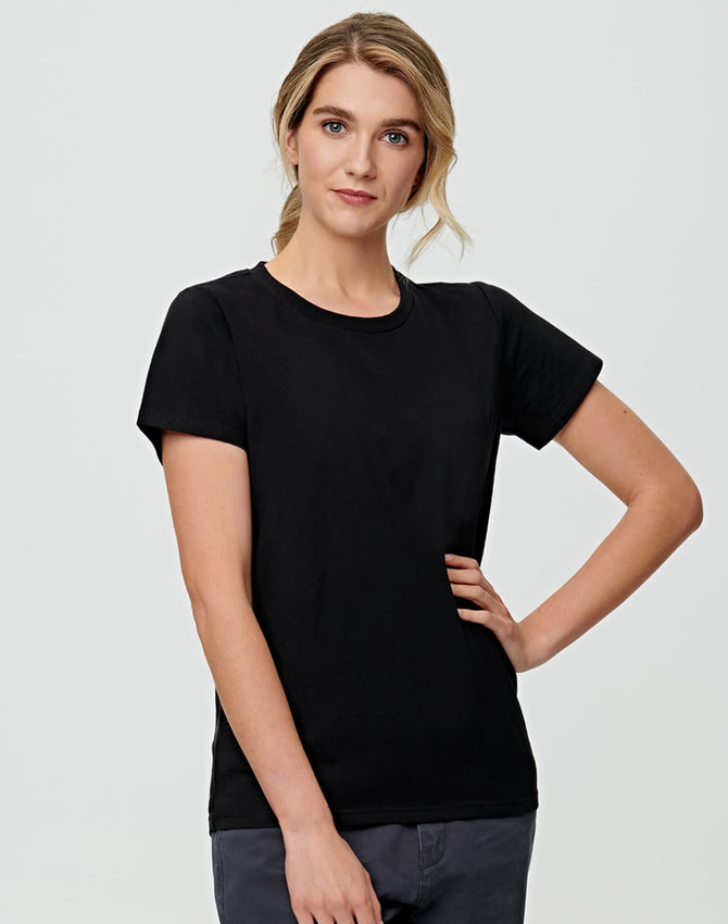 A black premium cotton tee for women, featuring short sleeves and a fitted design. The shirt includes a logo.