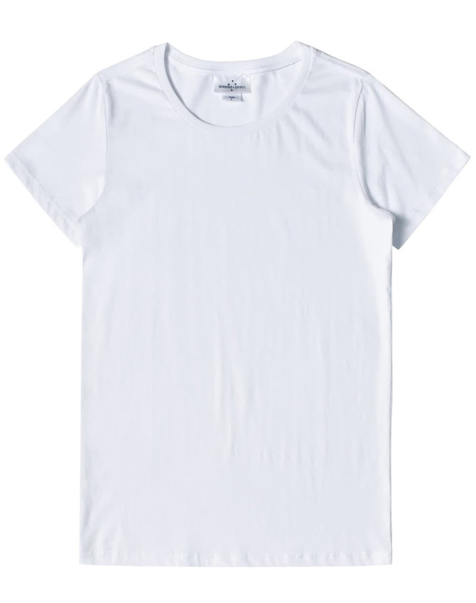 A white premium cotton t-shirt for ladies with a classic crew neckline and short sleeves. It has a logo on the label.