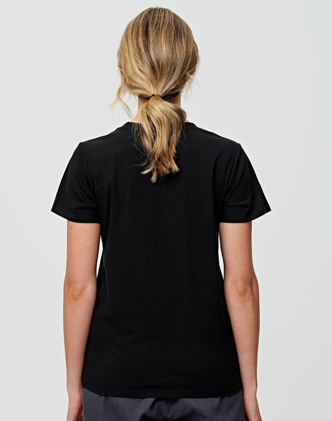 A black ladies' premium cotton T-shirt viewed from the back. The shirt has a fitted design and short sleeves.