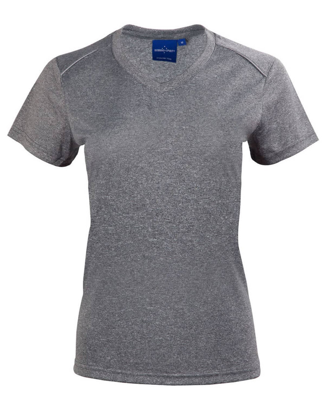 A grey women's short sleeve tee featuring a v-neck design, with a logo on the label.