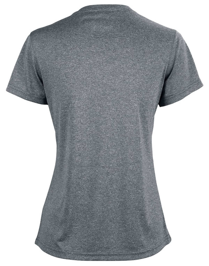 A grey short sleeve tee with a smooth finish and a subtle texture. Features a logo on the back.