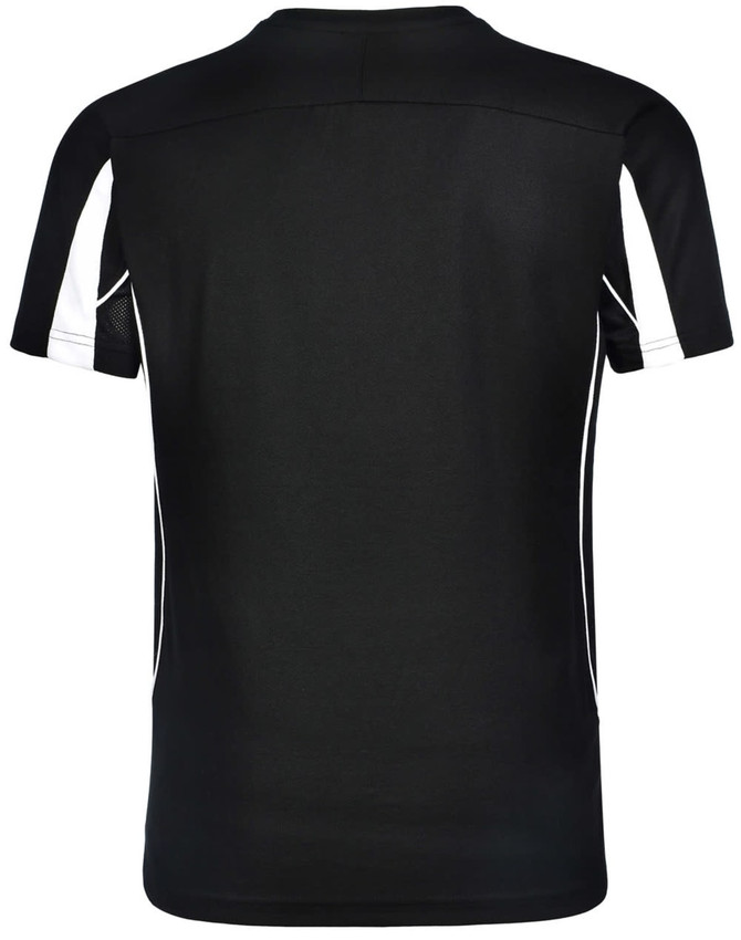 A black short-sleeve T-shirt with white accents and a logo on the back.
