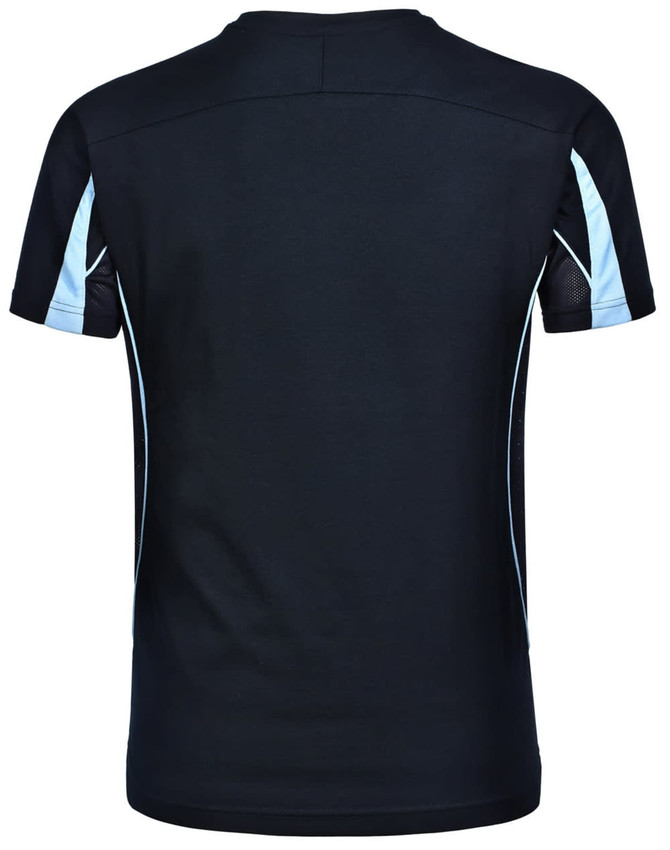 A black short-sleeve T-shirt with light blue accents and mesh detailing on the sides. It features a logo.