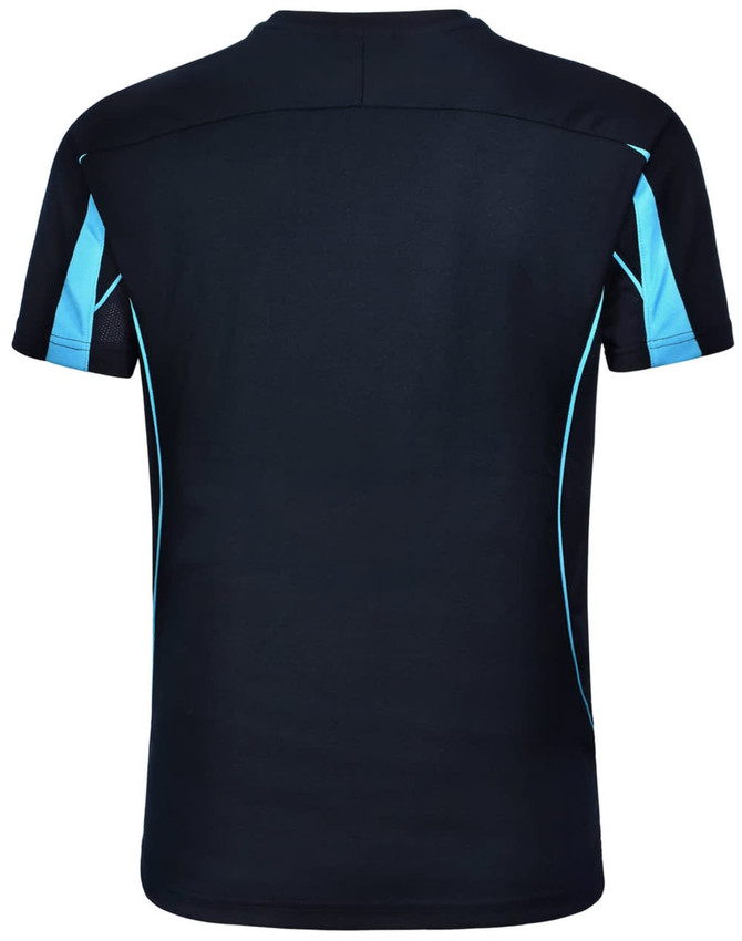 A black short-sleeve t-shirt with light blue accents and a logo on the back.