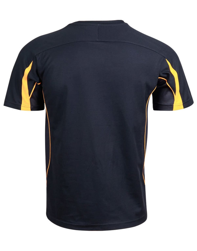 A black and yellow short-sleeved T-shirt with a sporty design and a logo on the back.