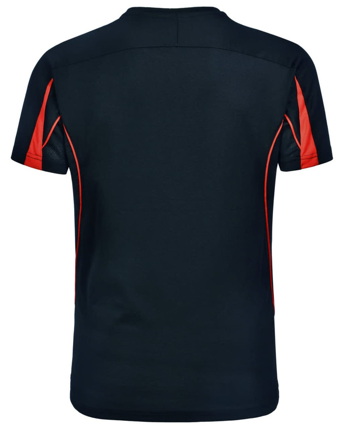 A black T-shirt with red accents, featuring a logo. It has short sleeves and a classic fit.