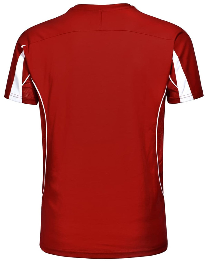 A red short-sleeve T-shirt with white accents and a logo on the back. Suitable for kids.