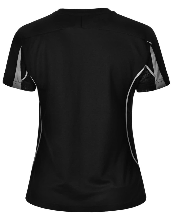 A black short-sleeve women's T-shirt featuring grey accents and a logo on the back.