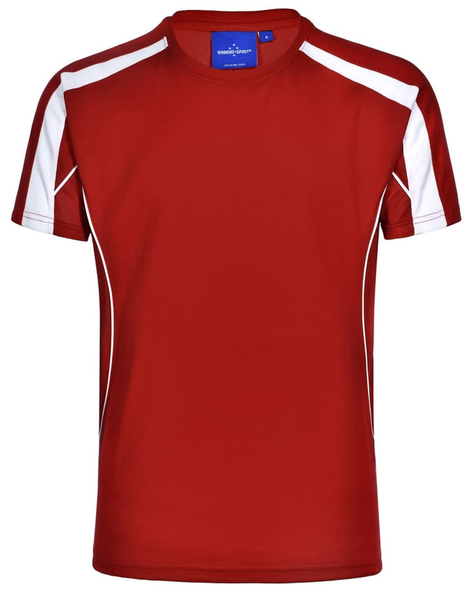A red short-sleeved t-shirt with white accents and a logo on the upper back.