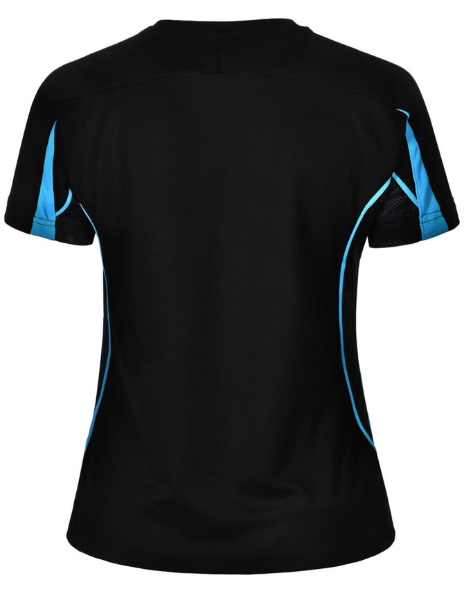A black short-sleeved women's t-shirt featuring blue accents and a mesh design on the shoulders. It has a logo.