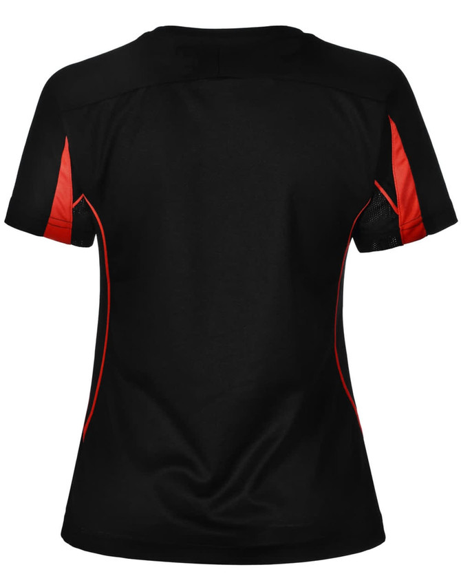 A black women's T-shirt featuring red accents on the sides, with a curved back design and a logo.