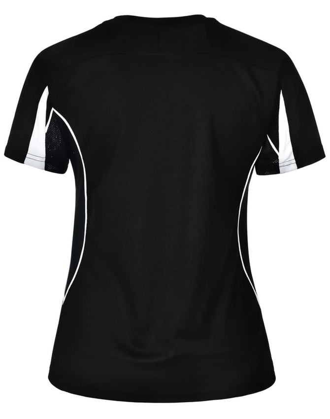 A black ladies' short-sleeved T-shirt with white detailing and a breathable mesh design on the back.