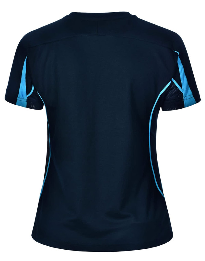 A ladies' short-sleeve T-shirt in navy blue with light blue accents and a logo on the back.