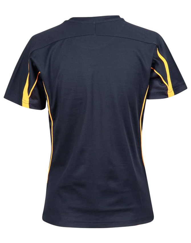 A navy blue ladies' t-shirt featuring yellow accents on the sides and a crew neck design. It has a logo on the back.