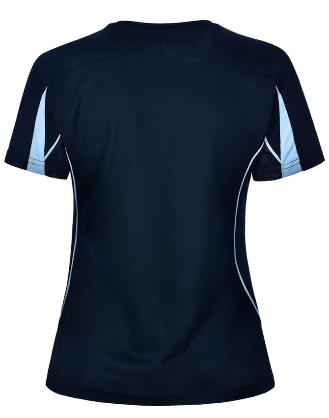 A ladies' short-sleeve T-shirt in navy with light blue detailing and a logo.