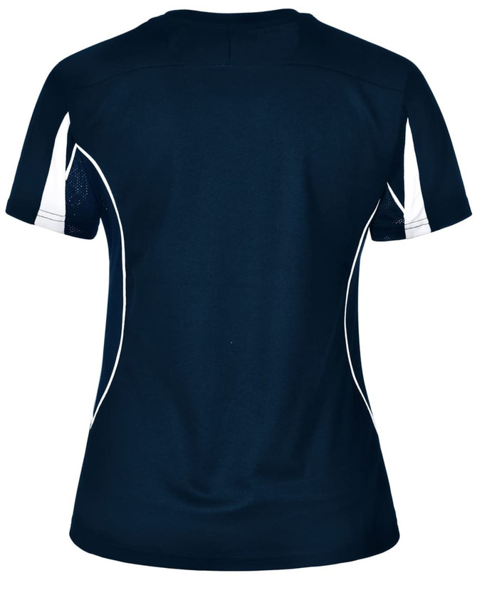 A navy blue ladies' T-shirt featuring short sleeves and white detailing on the sides. It has a logo on the back.