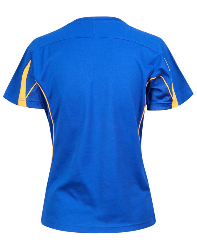 A blue t-shirt with yellow accents, featuring short sleeves and a relaxed fit, back view displayed.