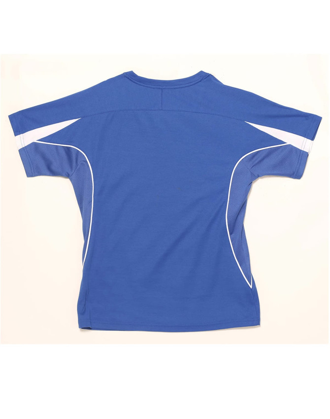 A blue short-sleeved T-shirt with white accents and a logo on the back.