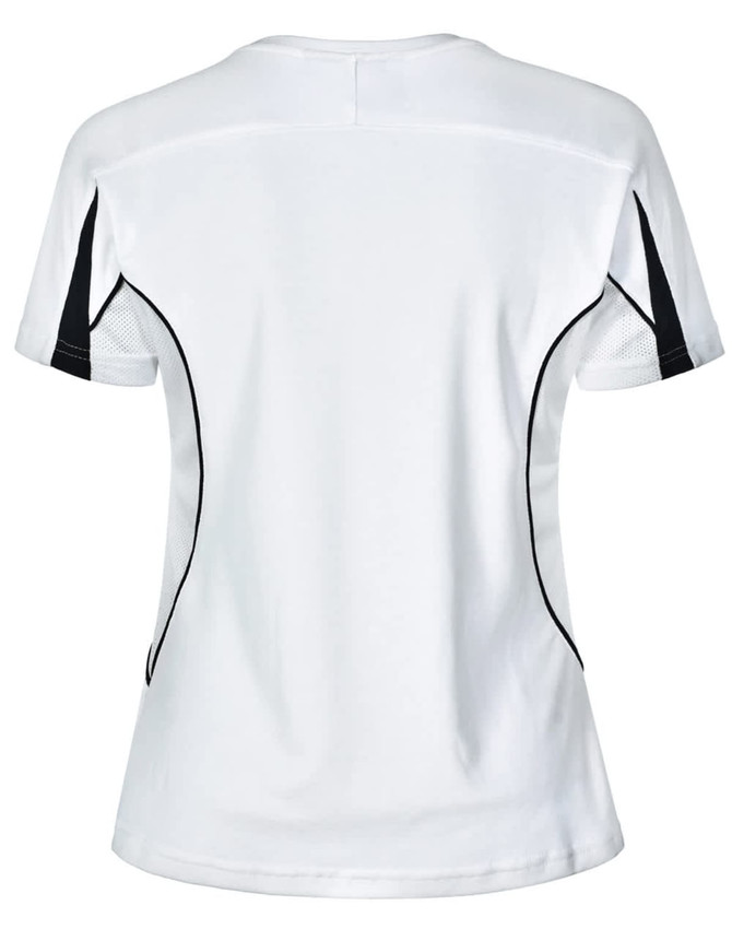 A white ladies' short-sleeve T-shirt with black accents and mesh detailing on the sides, featuring a logo.