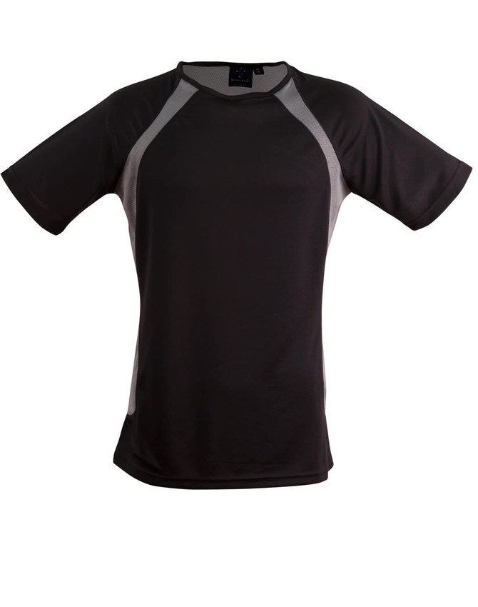 A black men's T-shirt with grey side panels and a logo on the upper back.