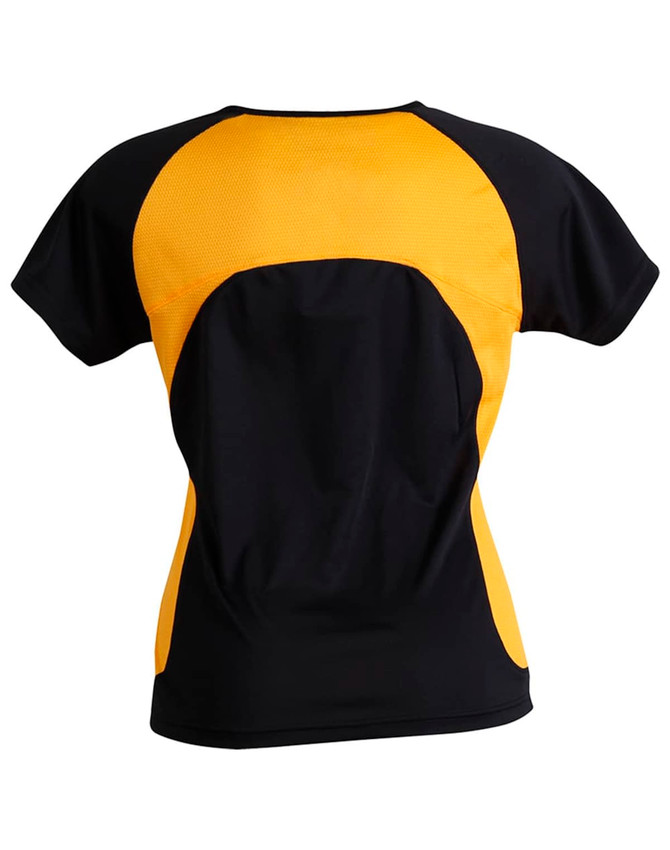 A black and yellow women's T-shirt featuring a mesh design on the back and a logo.