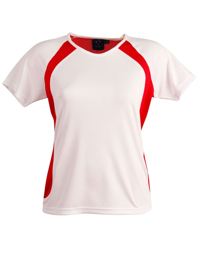 A ladies' premier tee shirt featuring white fabric with red accents and a logo on the neckline.