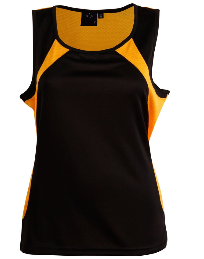 A black and yellow ladies' sprint singlet with a breathable design and a logo on the neckline.