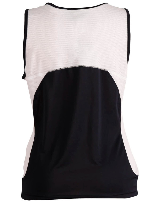 A sleeveless ladies' sprint singlet in black and white with a mesh design and a logo on the back.