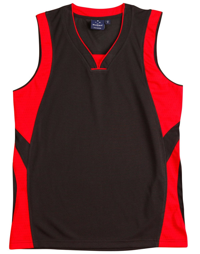 A black and red adults' basketball singlet featuring a V-neck design and a logo.