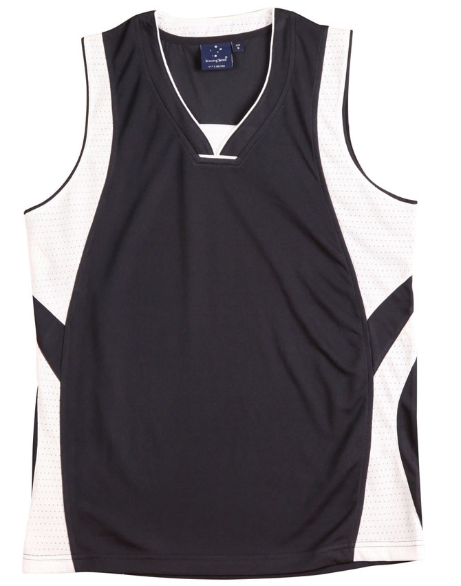 A black and white kid's basketball singlet with a modern design, featuring a logo on the neckline.