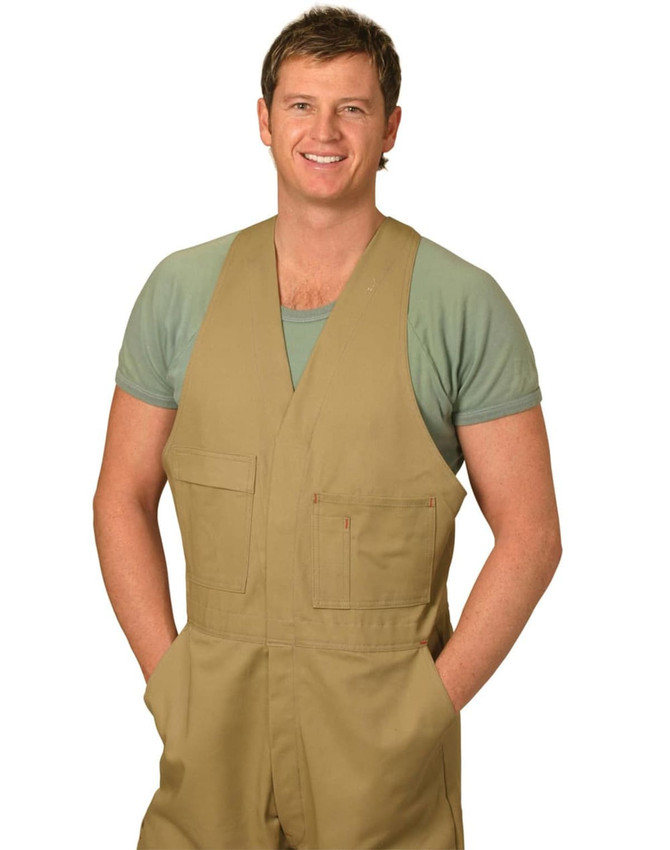 Men's cotton drill overall in beige, featuring a sleeveless design and front pockets. Includes a branding logo.