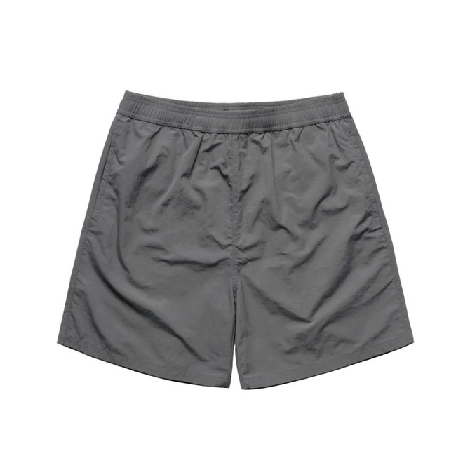 A pair of grey swim shorts with an elastic waistband and a simple design. Features a logo.