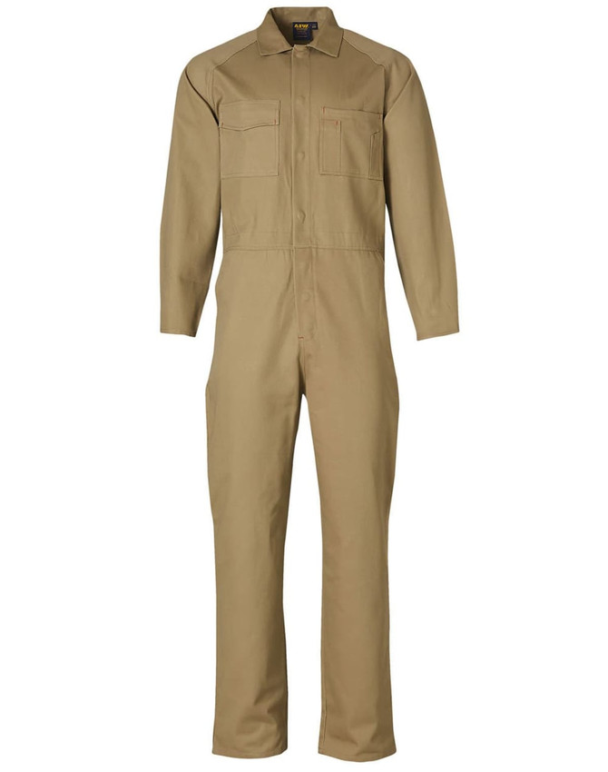 A khaki cotton drill coverall with long sleeves, featuring two chest pockets and a front zip. Includes a logo.