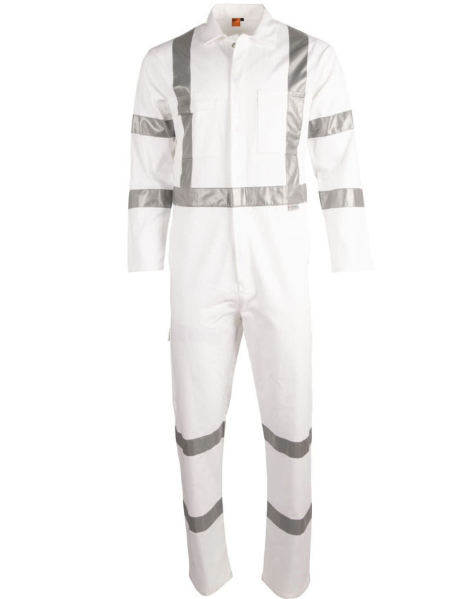 A white coverall with reflective silver stripes and a front pocket, featuring a logo on the chest area.