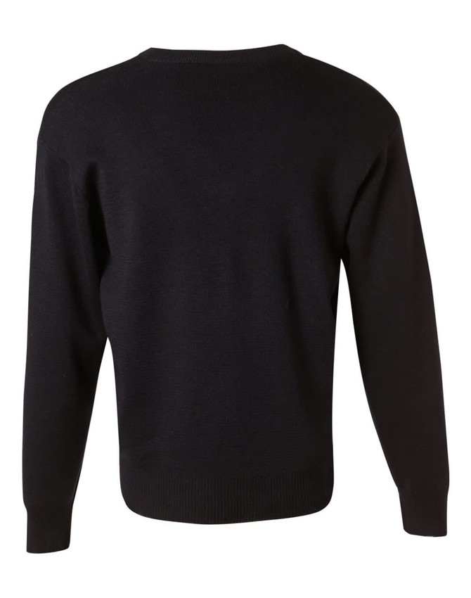 A black V-neck wool and acrylic knit jumper with long sleeves and ribbed hem. Features a logo on the back.