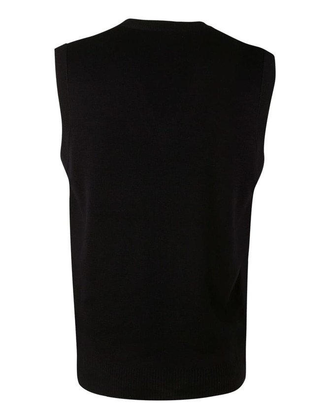 A black V neck wool and acrylic knit vest, featuring a sleeveless design and ribbed bottom hem.