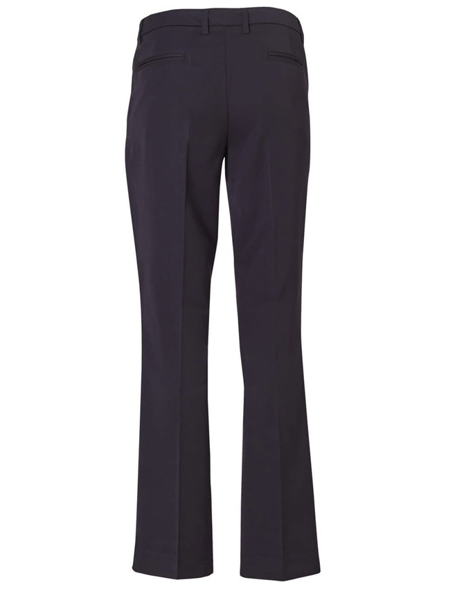 A pair of black ladies' slacks with a flared leg and back pockets. The pants feature a polished finish.